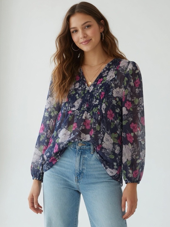 Joie Tops - NWT Sz XS Joie Navy Fuchsia & Green Floral Print 100% Silk Gathered Neckline